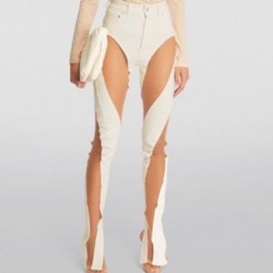 COPY - MUGLER IVORY MESH ILLUSION JEANS SIZE 40 - WORN 1x Sheer Tulle Inset Hig…